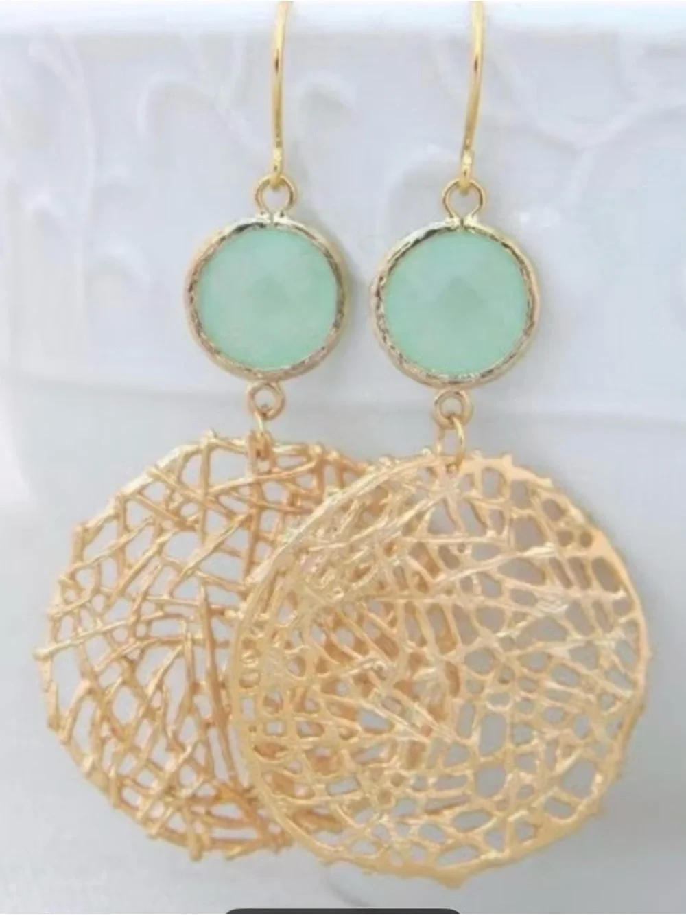 Gold Filigree Mesh Drop Earrings with Mint Green Cabochon